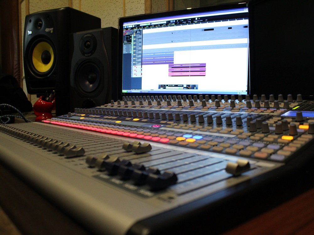Mixing desk and studio monitors